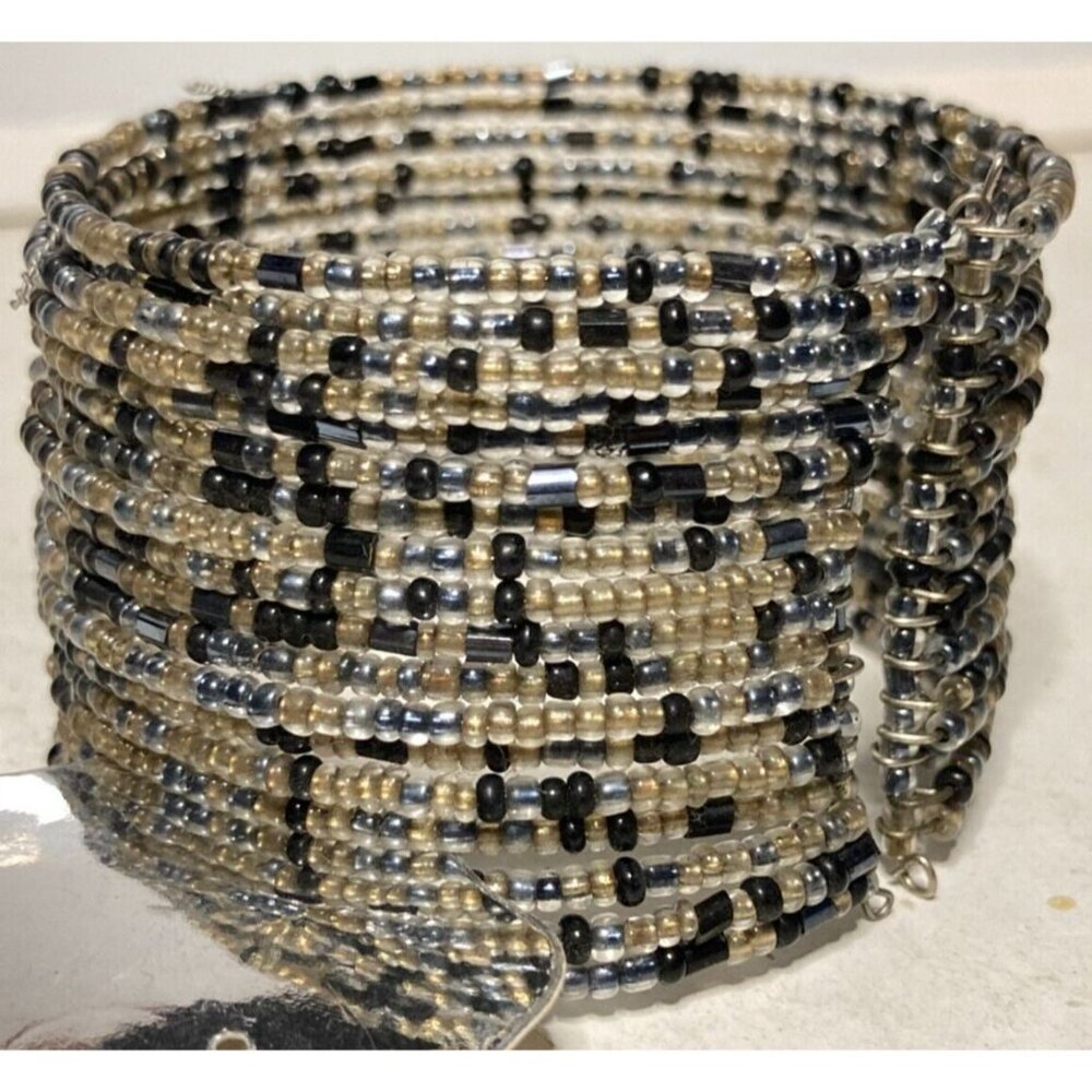 Black Gold Silver Seed Bead Cuff Bracelet 1-5/8" Wide Wire Wrapped 18 Layer BoHo